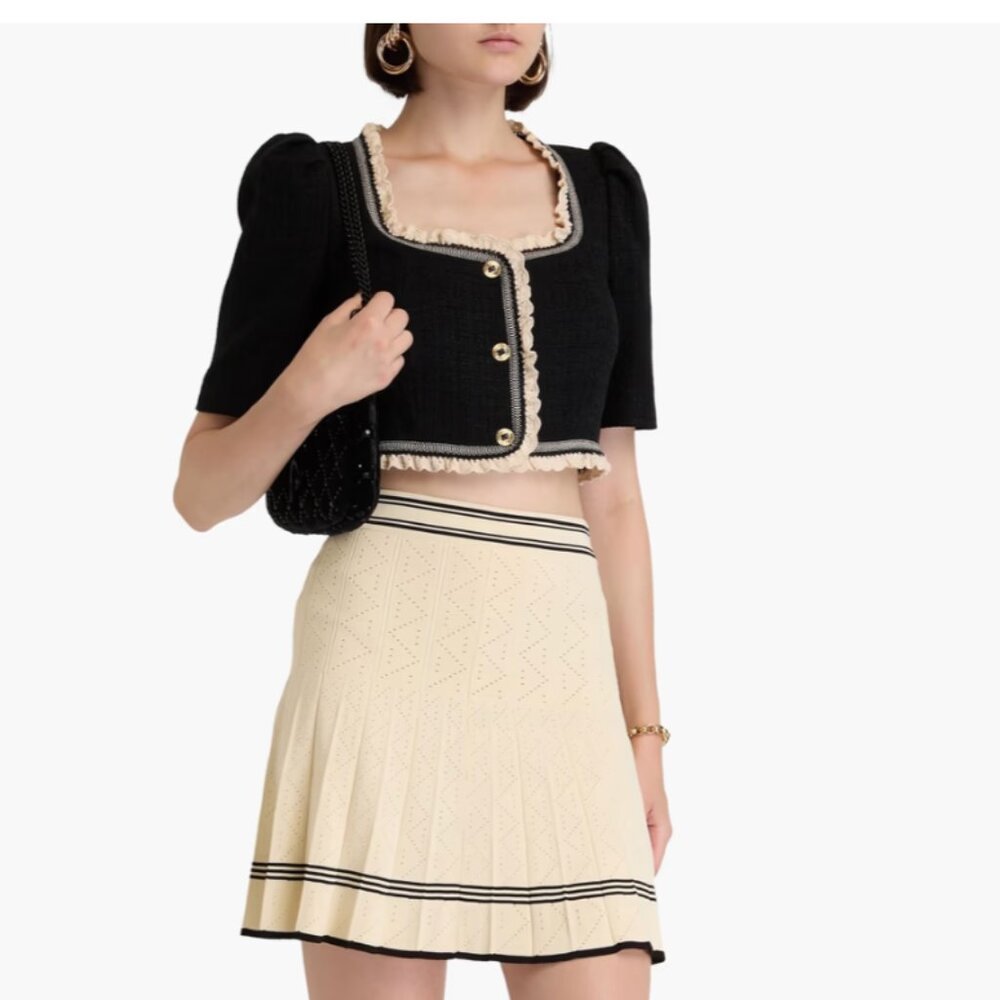 Sandro Black Cropped Tweed Jacket with Cream Ruffle Trim - Size 40 (US 8)